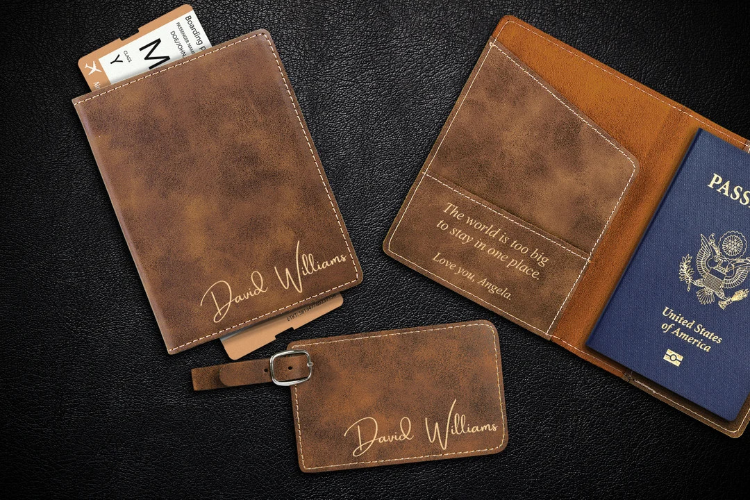 Custom engraved passport cover with optional suitcase tag and gift box. | Etsy (US)