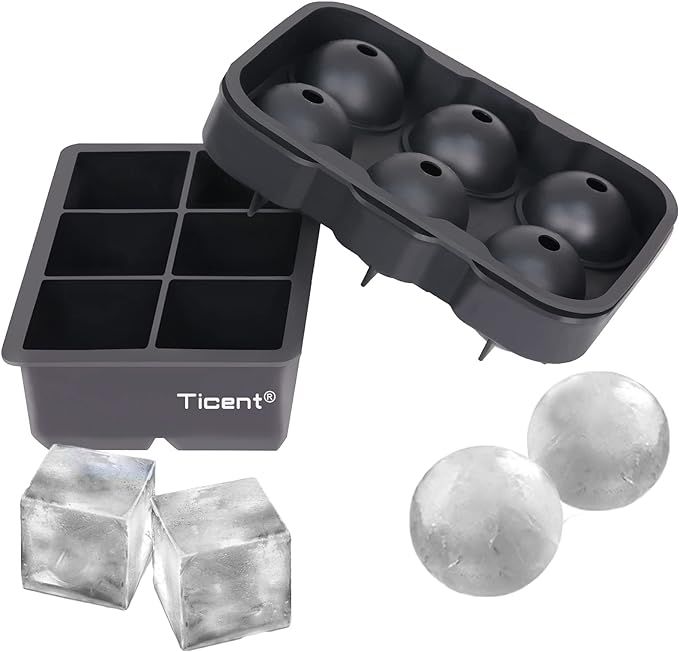 Ticent Ice Cube Trays (Set of 2), Silicone Sphere Whiskey Ice Ball Maker with Lids & Large Square... | Amazon (US)