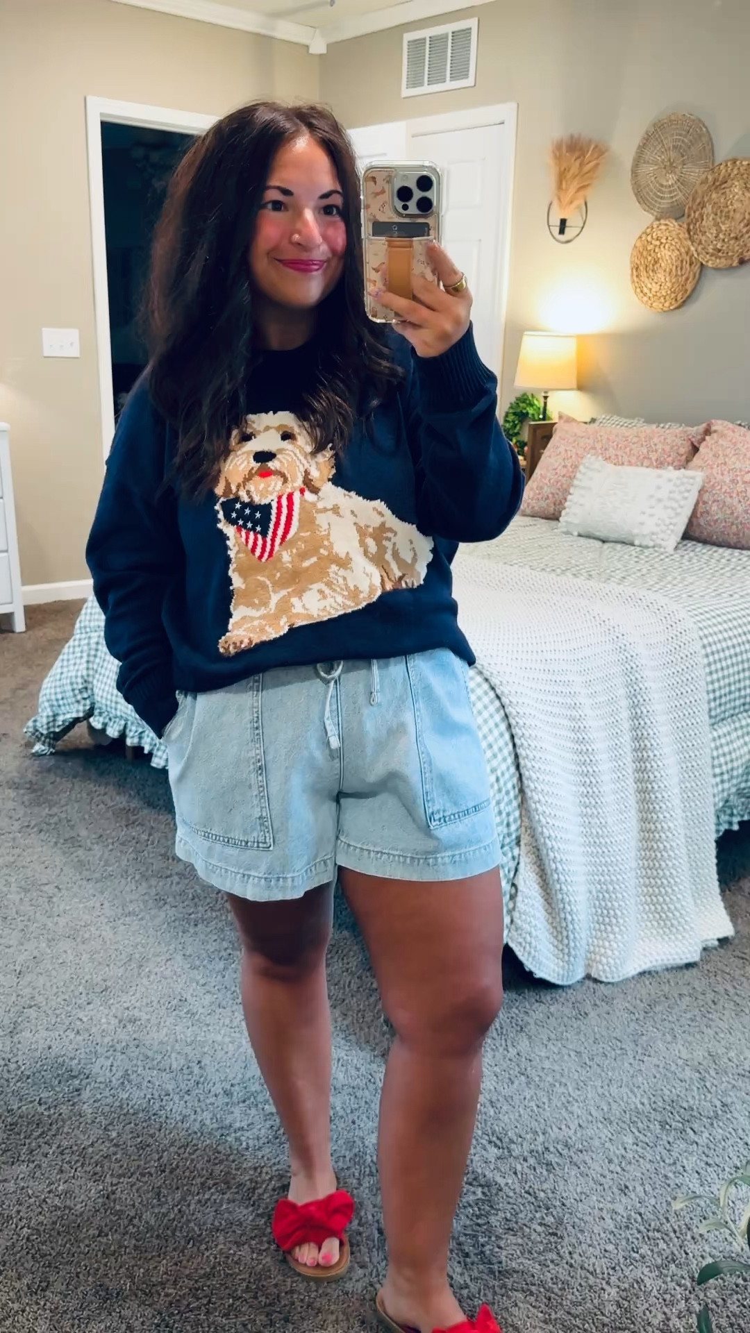 All the patriotic charm ❤️🤍💙 This adorable Americana sweater featuring a sweet pup and flag is even cuter paired with denim shorts and red sandals. The perfect outfit for summer celebrations, backyard BBQs, and all your festive plans!

sandals: fit true to size // wearing a 5
shorts: fit true to size // wearing a large
sweater: fits true to size // wearing a large 

 #LTKootd #LTKMidsize