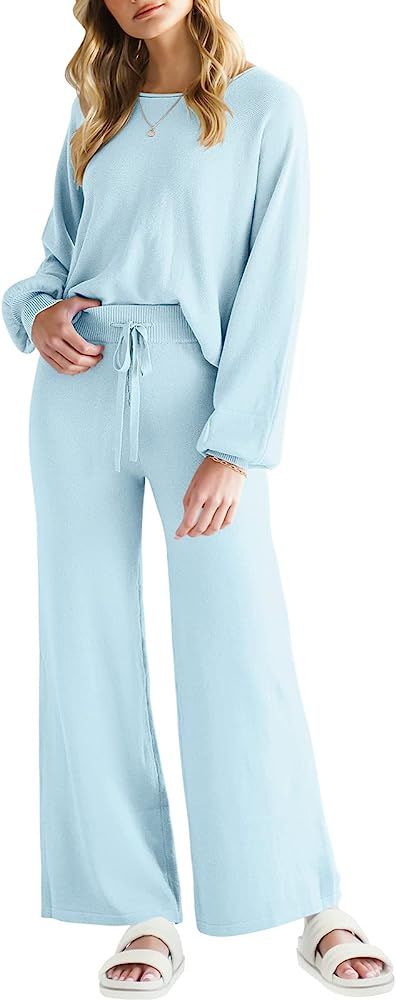 ANRABESS Women’s Two Piece Outfits Sweatsuit Long Lantern Sleeve Crewneck Crop Top with Wide Leg Pan | Amazon (US)