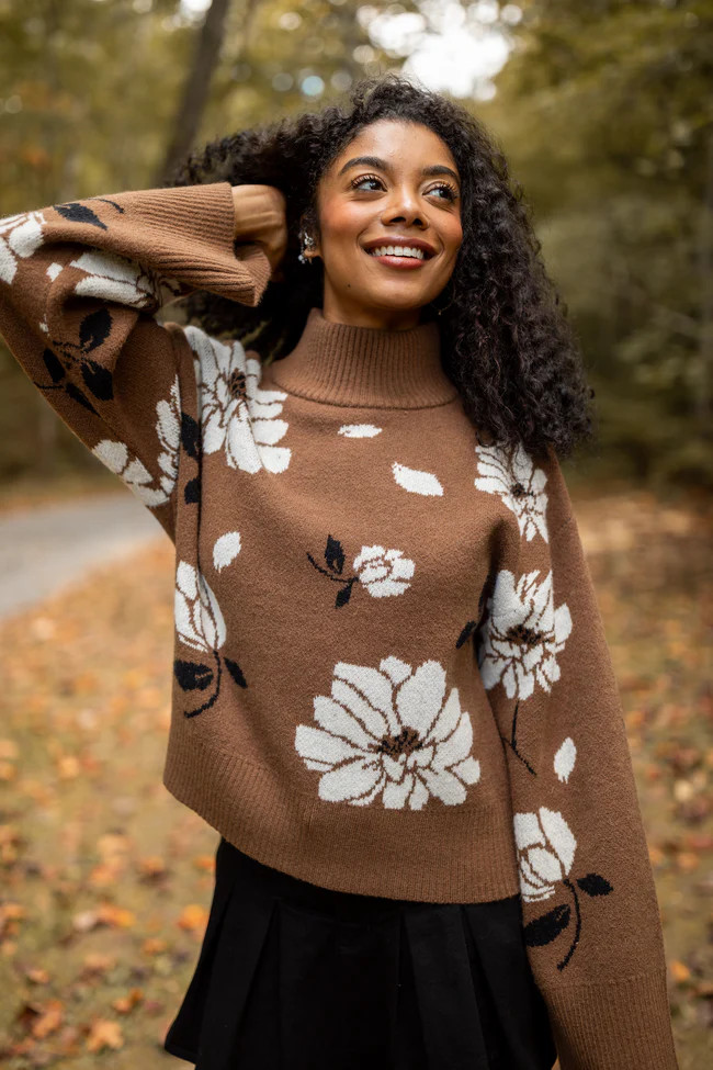 Kayla Brown Floral Turtleneck Sweater | Pink Lily
