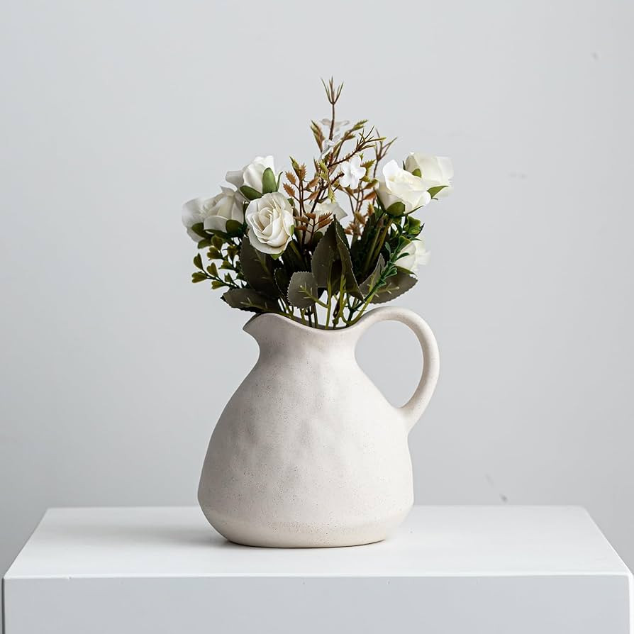 White Ceramic Vase Home Decor Boho Rustic Farmhouse Jug Decorative Flower Stoneware Vintage Matte... | Amazon (US)