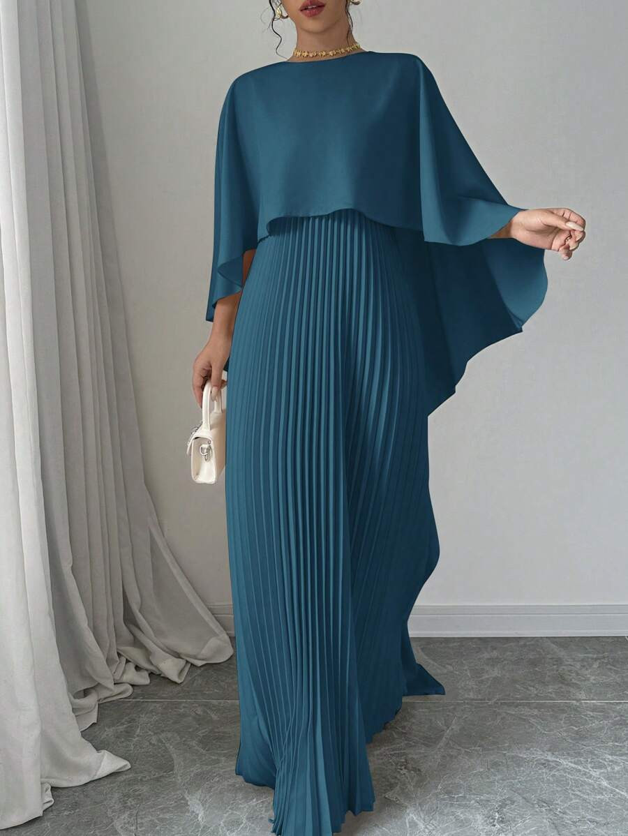 Selianne Elegant Women Solid Color Round Neck Pleated Poncho Sleeve Dress Maxi Women Outfit | SHEIN