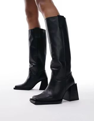 Topshop Wide Fit Talia premium leather square toe knee boots in black | ASOS (Global)