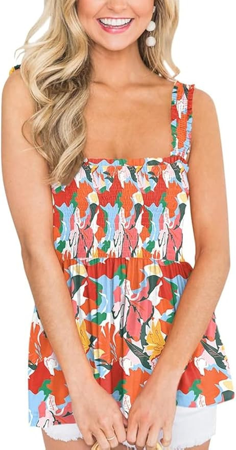 Clarisbelle Women's Summer Ruffle Hem Smocked Tank Tops | Amazon (US)