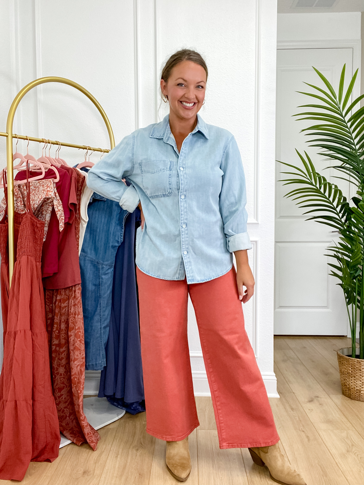 Late summer early fall teacher outfit idea! Love this light denim top and rust red orange wide leg jeans! Wearing size medium in jean shirt and size 10 in jeans . Target outfit, target , target style, #target #targetstyle #widelegcoloredjeans

#LTKFindsUnder50 #LTKMidsize #LTKSeasonal