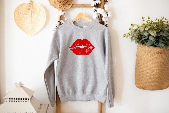 Lips Kiss Sweatshirt Red Lips Kiss Valentines Day Sweater | Etsy | Etsy (US)