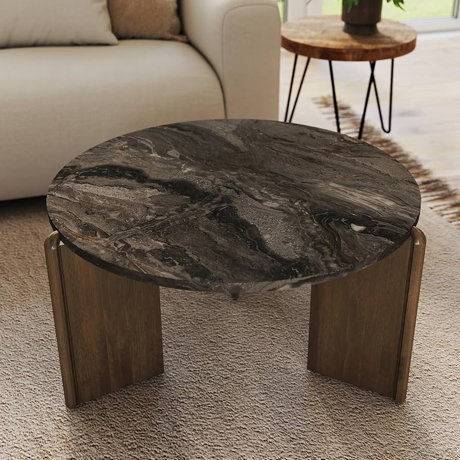 Travertine Texture Coffee Table 31.5 inch Modern Faux Marble Coffee Table Low Circle Center Table... | Amazon (US)