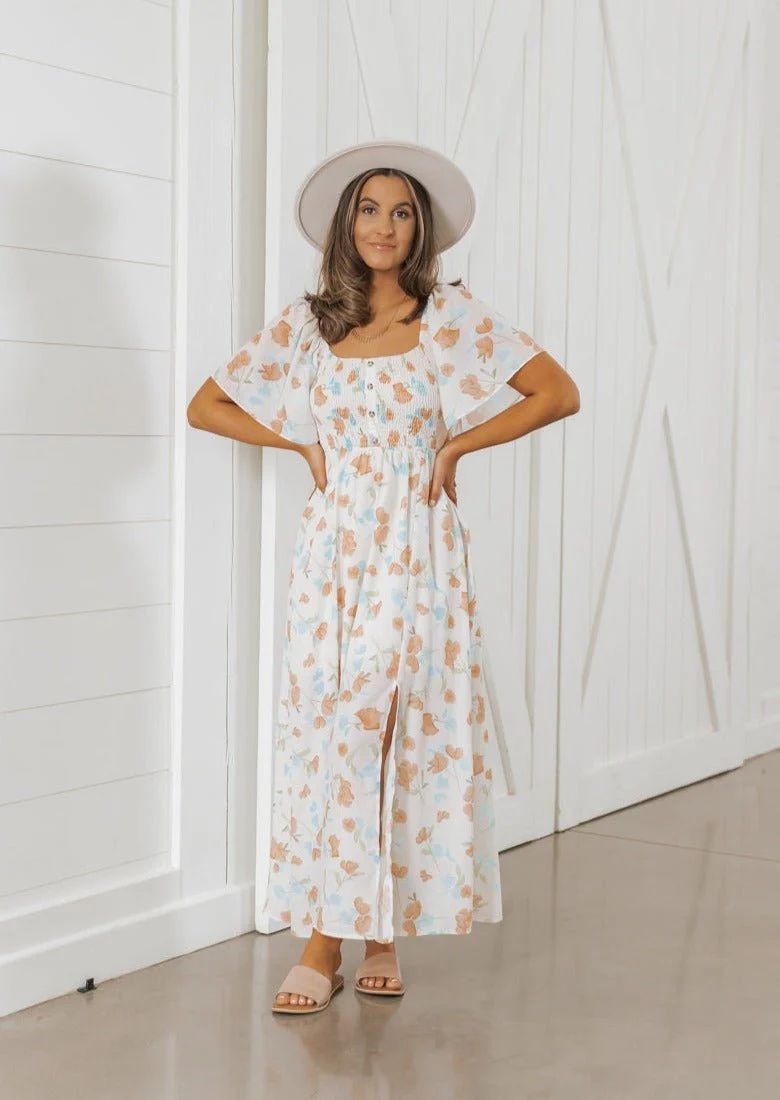 Natural Floral Print Smocked Maxi Dress | Magnolia Boutique