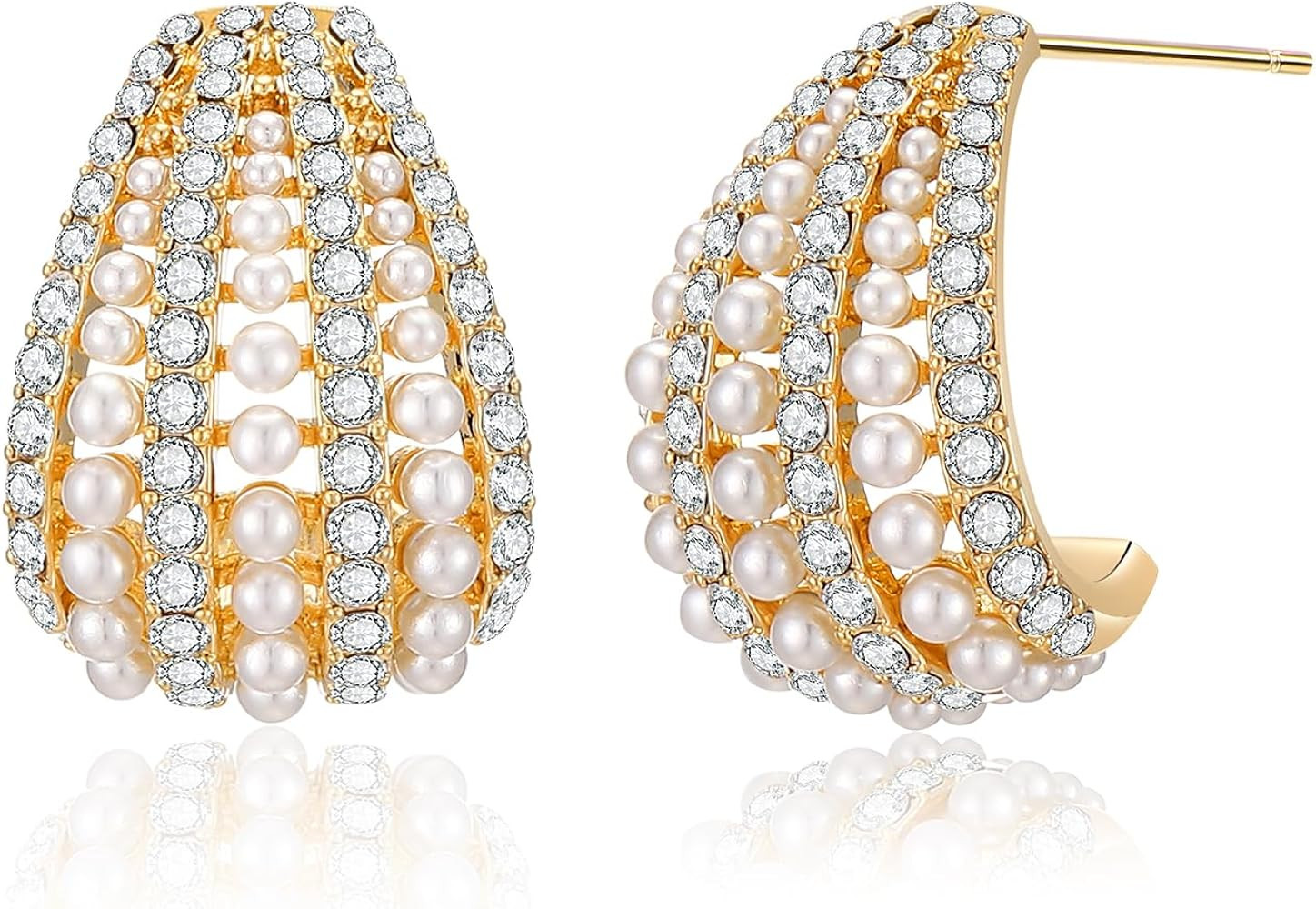 Aprilery Pearl Hoop Earrings for Women, Trendy 14K Gold Plated Round Pearl Cuff Hoop Earrings Hyp... | Amazon (US)