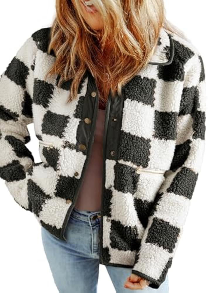 SHEWIN Jackets For Women Causal Sherpa Fall Jacket Loose Button Down Plaid Winter Coats | Amazon (US)