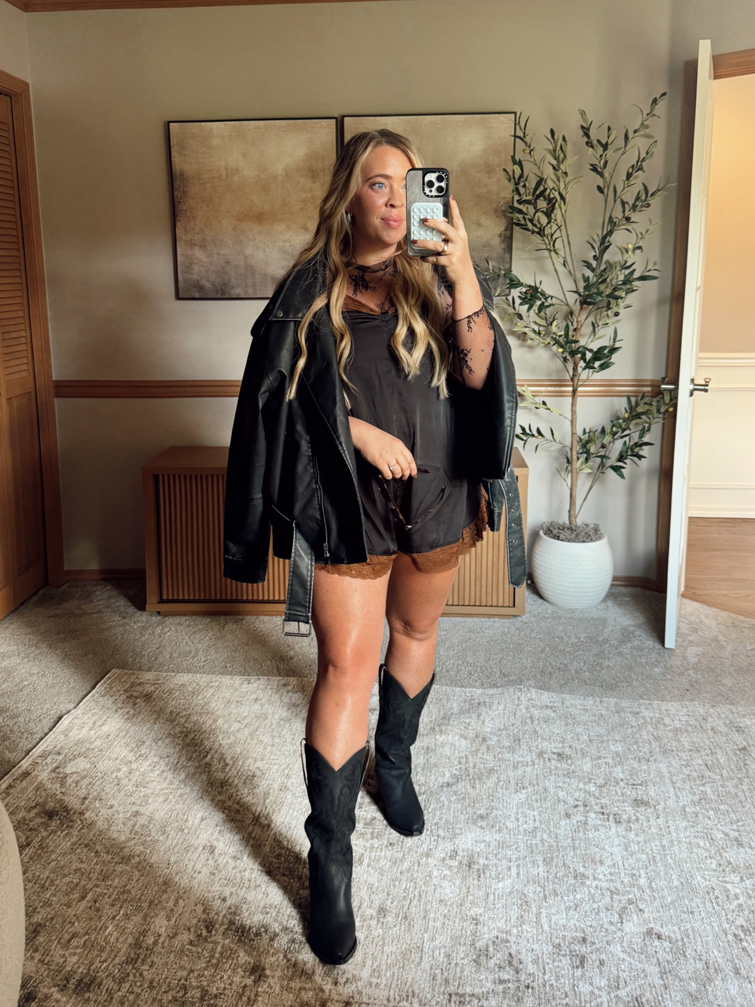 Midsize concert outfit. Wearing a 2X in leather motto jacket for an extra baggy fit. Romper is a size large. Lace top from Amazon size XL

#LTKFindsUnder100 #LTKMidsize #LTKSeasonal