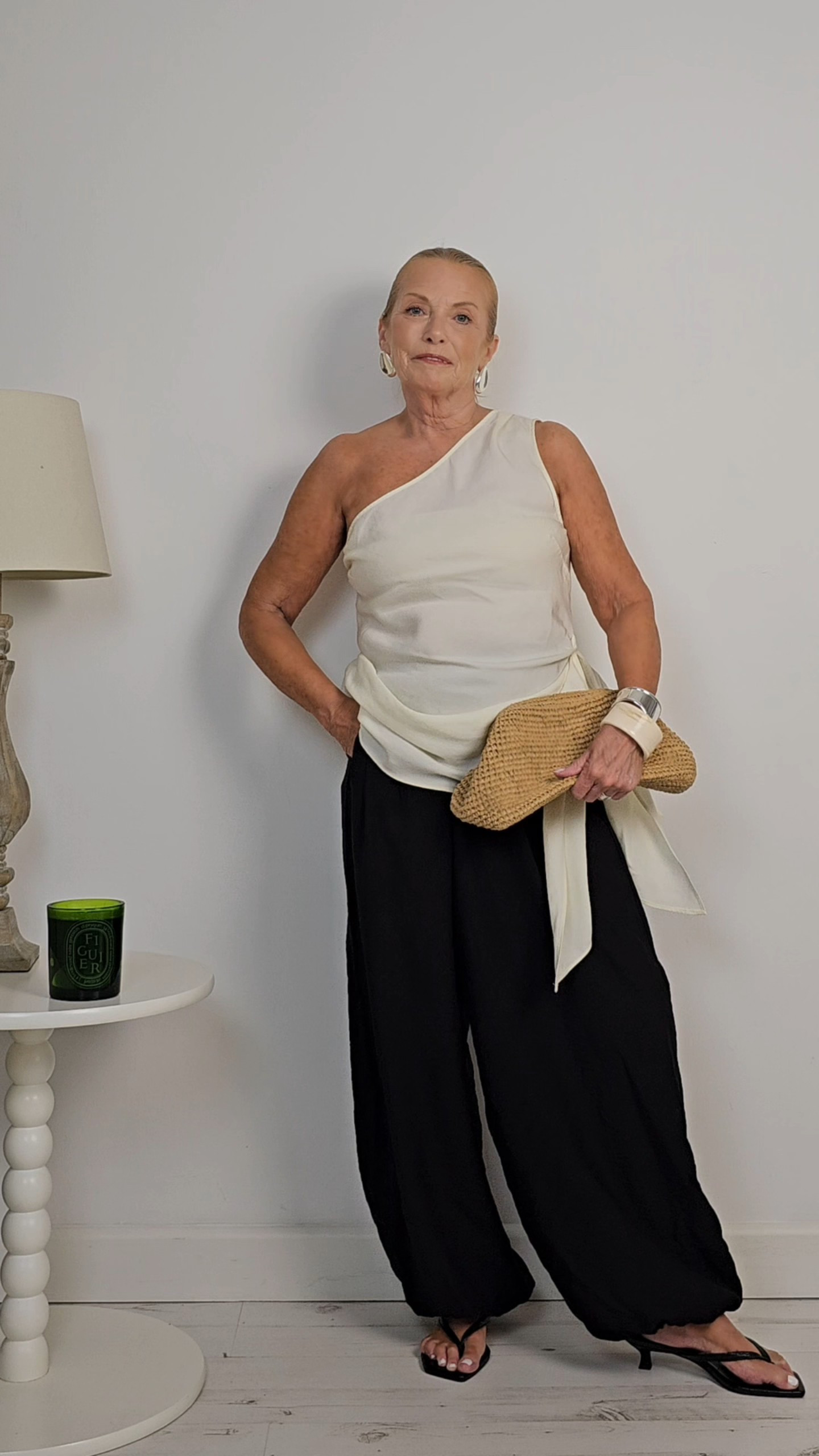 "What I'd wear" for dinner on the Italian Riviera Cream one shoukder top - black lightweight balloon trousers  - kitten heel sandals - raffia clutch - oversized statement jewellery 

#LTKuk #LTKsummer #LTKover50style