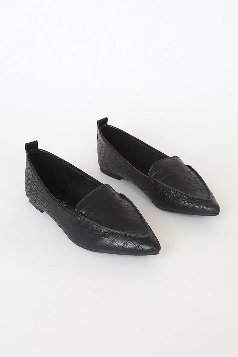 Emmy Black Crocodile-Embossed Pointed Loafers | Lulus