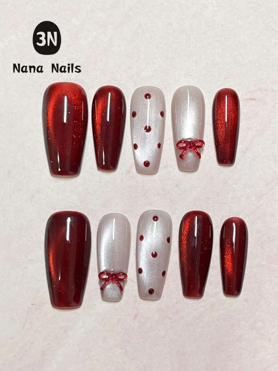 1Package/10Pcs Nail Supplies, Red Press On Nails Middle Coffin Shaped, Romantic Cat Eye Press On ... | SHEIN