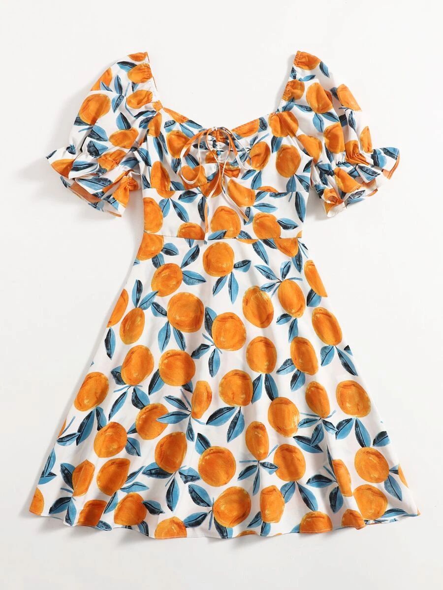SHEIN Plus Ruffle Cuff Fruit Print Milkmaid Dress | SHEIN