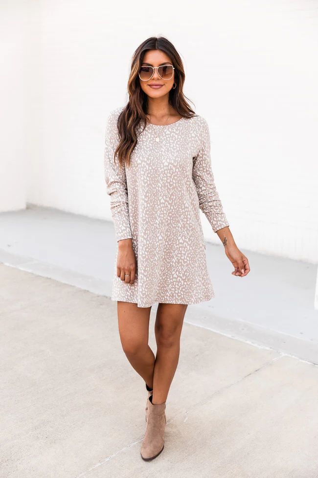 Casual Sunday Taupe Long Sleeve Animal Print T-Shirt Dress | The Pink Lily Boutique