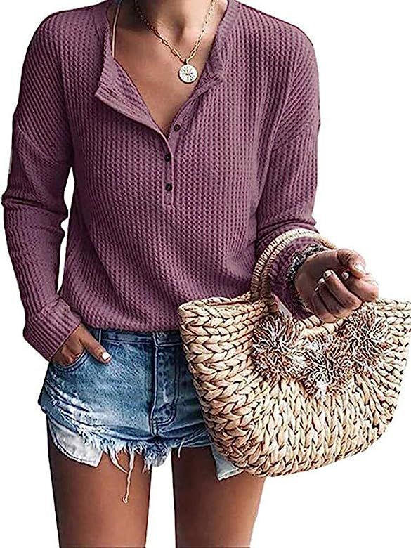 Women's Casual Waffle Knit Tunic Tops Loose Button Up Long Sleeve Henley Shirts | Amazon (US)