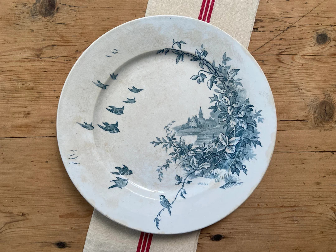 Round Dish "landscapes" GIEN Earth of Iron Blue Birds and Village Rare Xixth Century - Antique Fr... | Etsy (US)
