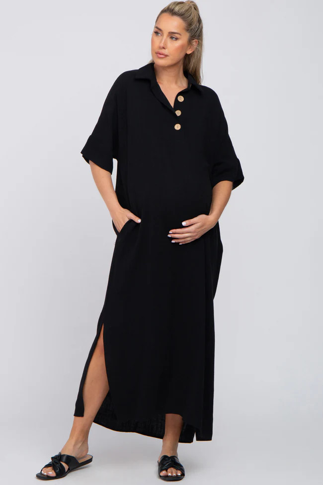 Black Collared Linen Maternity Maxi Dress | PinkBlush Maternity
