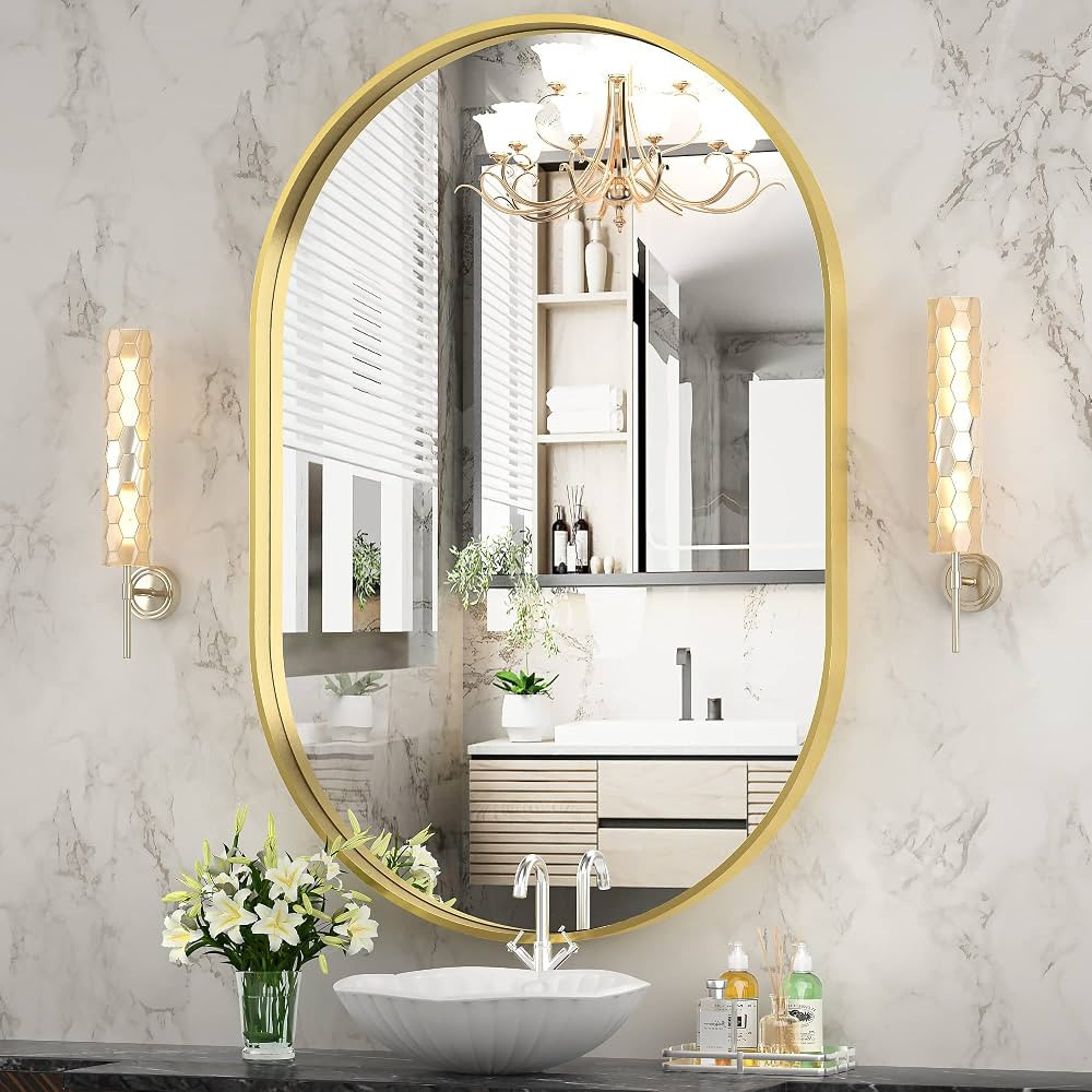 Hasipu 24×36 Inch Oval Wall Mirror for Bathroom, Gold Metal Frame Bathroom Mirrors, Wall Mounted... | Amazon (US)