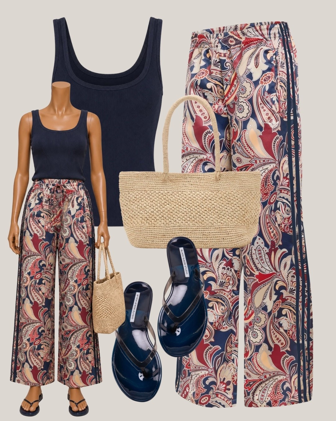 this is giving pack your bags energy fr

Tags: paisley pants outfit, wide leg pants outfit, vacation outfit ideas, resort wear inspo, straw tote bag, summer travel outfit, navy tank top, jelly sandals, boho vacation look, airport outfit inspo

#LTKstyletip #LTKshoes #LTKsummer