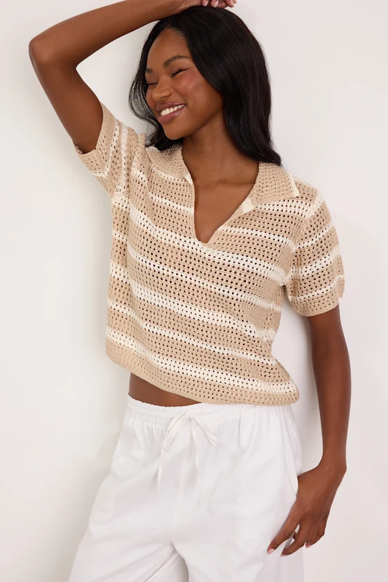 Bebe Beige Striped Crochet Collared Top | Lulus