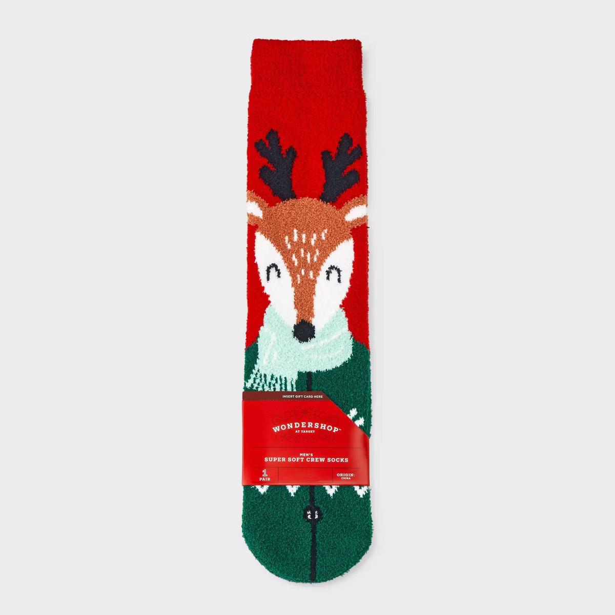 Men's Winder Reindeer Cozy Crew Socks with Gift Card Holder - Wondershop™ Red/Dark Green 6-12 | Target