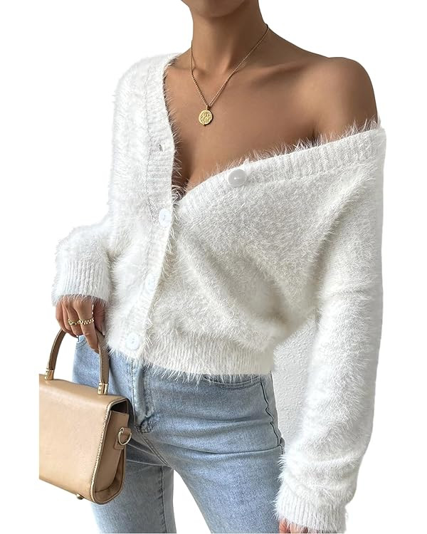 Pink Queen Women's Furry Cropped Cardigan Batwing Sleeves Open Front V-Neck Button Down Loose Kni... | Amazon (US)