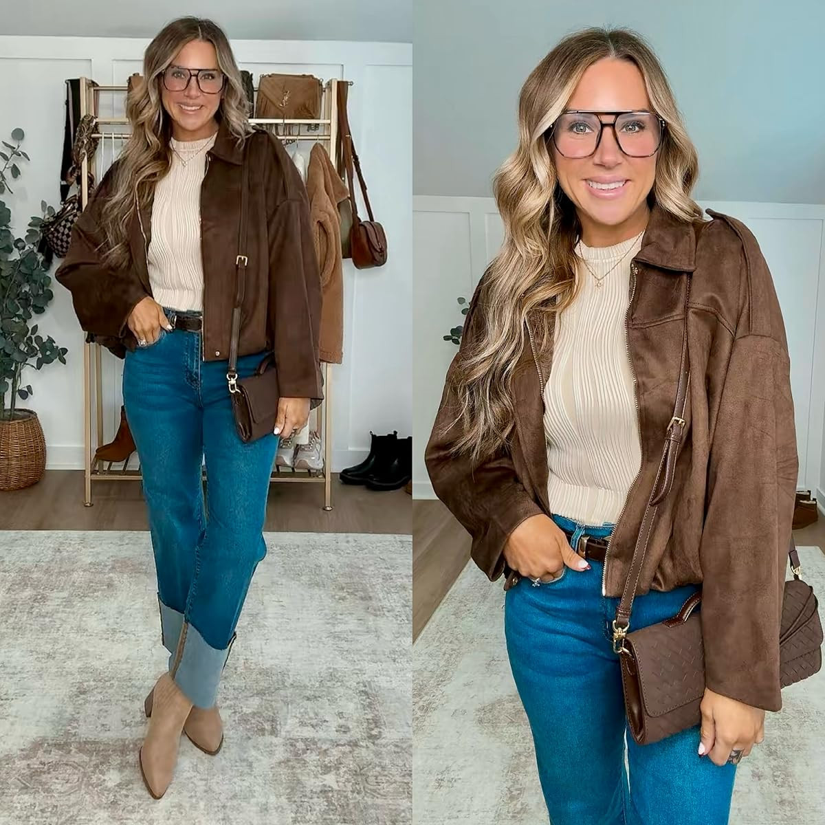 Loving this suede bomber jacket and jeans combo! Perfect for a cozy yet stylish day out. 🌟 I am 5’6 139lbs wearing size 4 jeans, small top & jacket. Boots run tts  

 #LTKootd #LTKSeasonal #LTKFindsUnder100