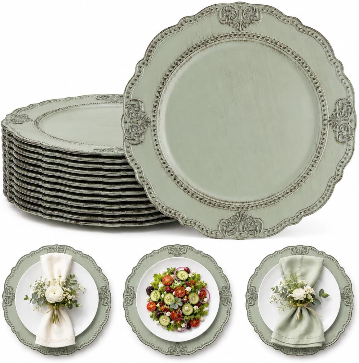 12PCS Antique Sage Green Charger Plates Bulk- 13in Heavy Duty Chargers for Dinner Plates- Round Plastic Plate Chargers w/Embossed Beaded Rim- Table Chargers for Wedding, Party, Holidays | Amazon (US)