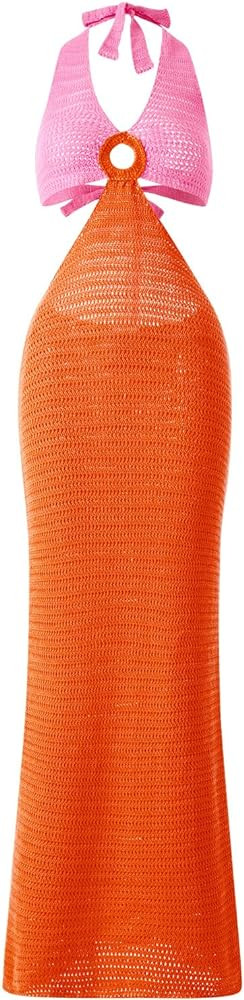 Womens Knitted Crochet Dress V Neck One-Piece Rainbow Striped Sweater Dress Long Sleeve Hollow Be... | Amazon (US)