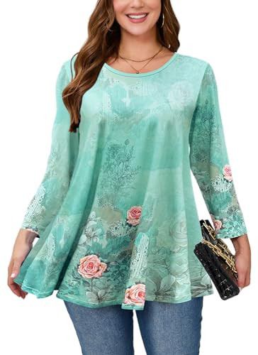 splensive Plus Size Swing Tops for Women, Green Floral 3/4 Sleeve Tunic L | Amazon (US)