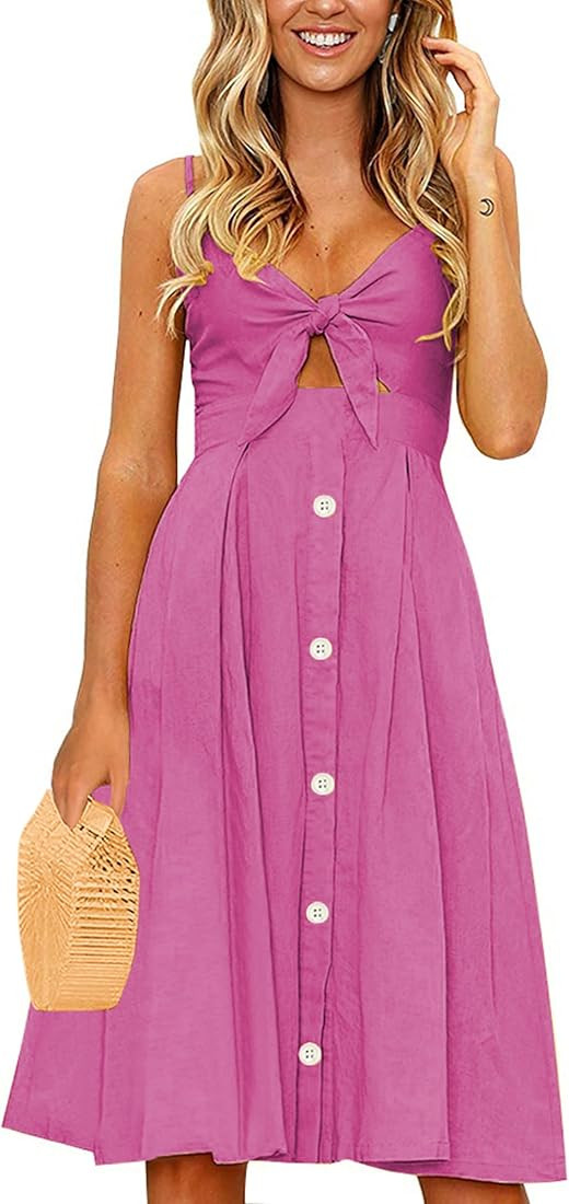 ECOWISH Women Dresses Summer Tie Front V-Neck Spaghetti Strap Button Down A-Line Backless Swing M... | Amazon (US)