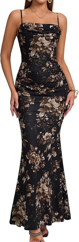 EYNMIN Women's Sleeveless Bodycon Corset Maxi Dress Spaghetti Strap Ruched Elegant Evening Wedding Guest Long Formal Dresses | Amazon (US)