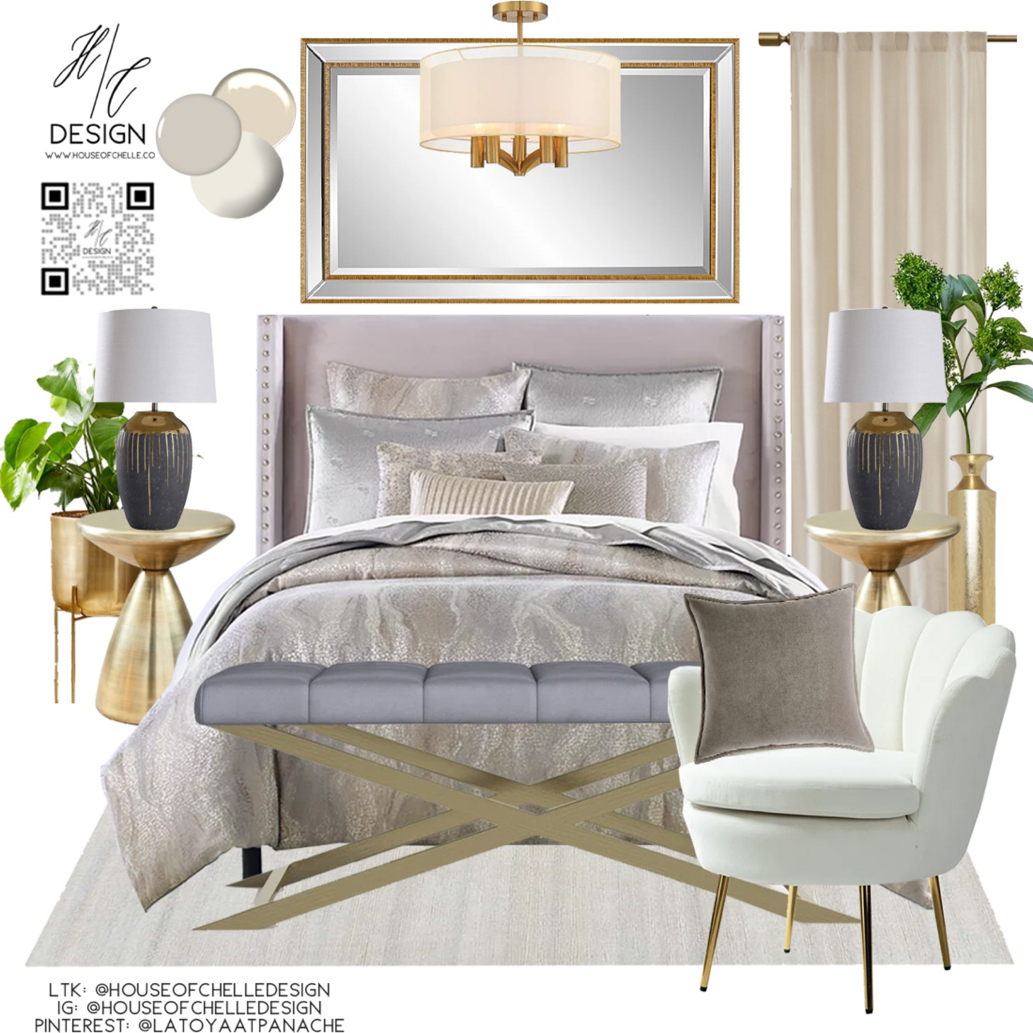 Champagne and Ivory Modern Bedroom Decor | bedroom home decor | bedroom moodboard | bedroom concept board | bed, nightstand, bed bench, rug, side tables, side chair, nightstand lamps, table lamps, chandelier, ceiling light, floor lamp, faux plants, vases, mirror, artwork, pillows, bedding, curtains, window treatments, candle holders, modern home, modern home decor, glam home. #moodboard

#LTKfamily #LTKhome #LTKstyletip