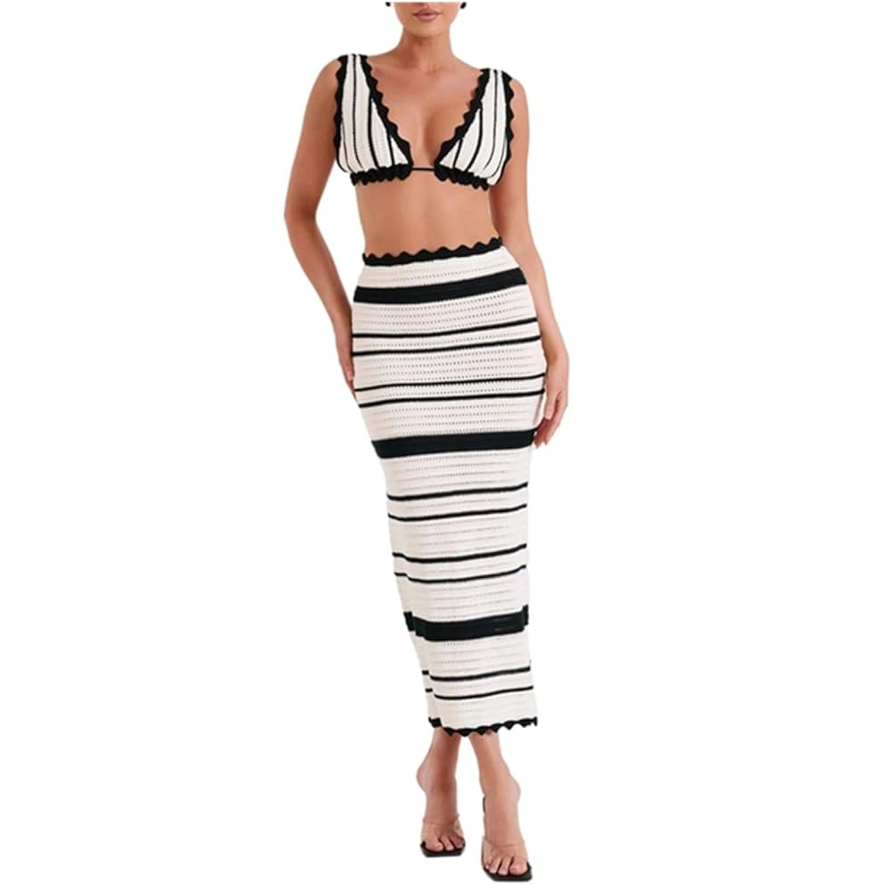 Crochet Knit 2 Piece Skirt Set for Women Knit Top Striped Bodycon Long Skirt Beach Cover Up Stree... | Amazon (US)