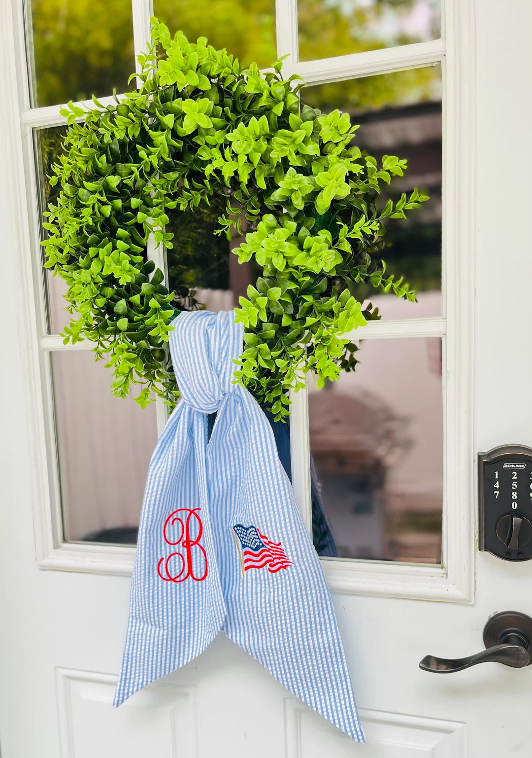 Waving Flag & Monogram Wreath Sash, July 4th Door Decor, Memorial Day Wreath Bow, Front Door Bow ... | Etsy (US)