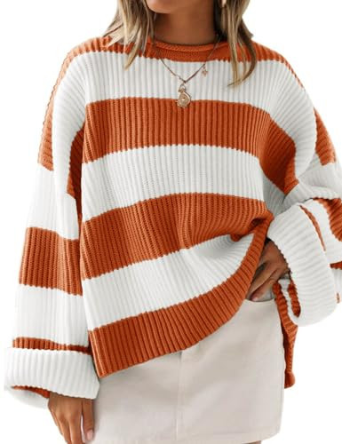 ZESICA Women's 2026 Fall Long Sleeve Oversized Striped Color Block Comfy Loose Crew Neck Knitted Pullover Sweater,Orange,Large | Amazon (US)