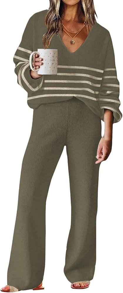 ETCYY NEW Womens 2 Piece Outfits Sweater Lounge Set Casual V Neck Knit Pajama Set Long Sleeve Top... | Amazon (US)