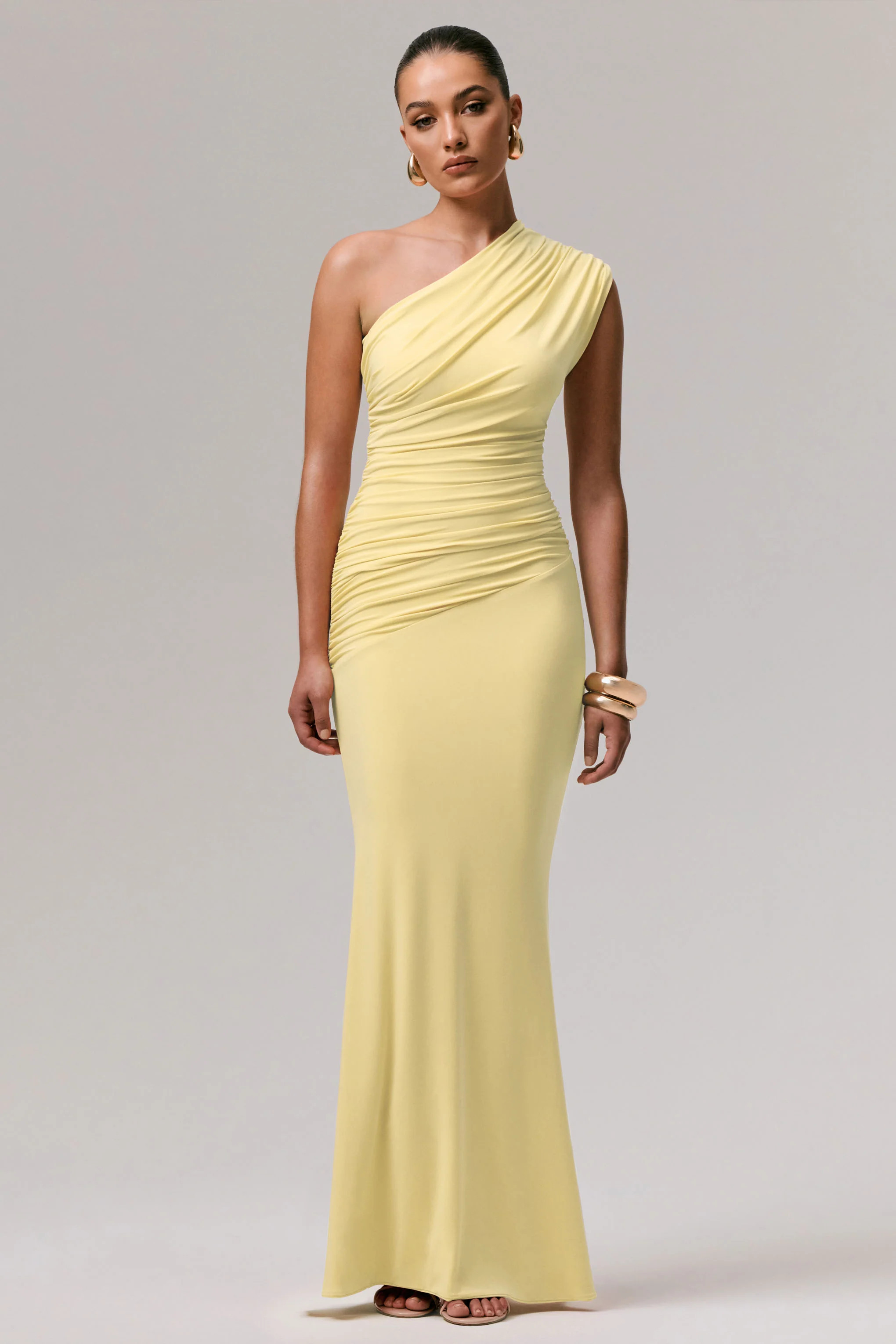 Mardi | Lemon Asymmetric Maxi Dress With Ruching | Club L London