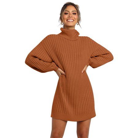 Women Brown Turtleneck Balloon Sleeve Sweater Dress | Walmart (US)