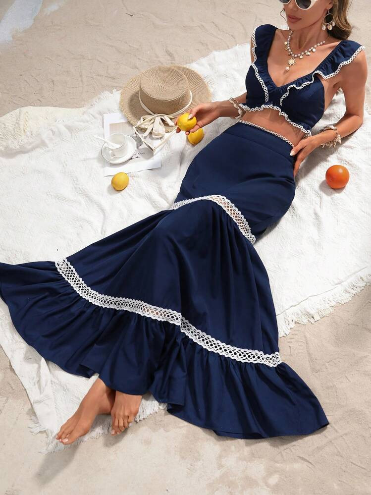 KARISMINA 2pcs/Set Women Ruffled Hem Crop Top & Long Fishtail Skirt,Vacation Outfits Woman,Sundresses For Vacation,Beach Vacation Outfits,Tropical Vacation Woman Clothes,Summer Outfits For Women,Two Pieces Set Women | SHEIN