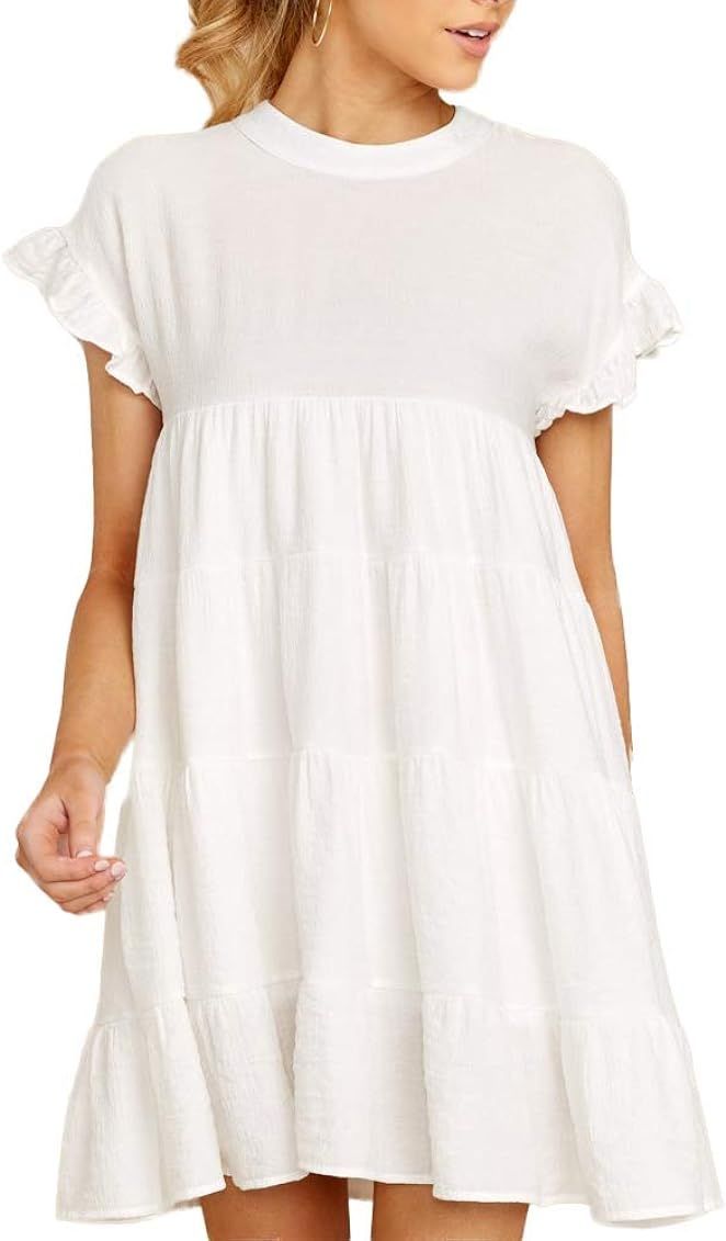 Joteisy Women's Ruffles Boho Solid Babydoll Loose Swing Casual Short Mini T-Shirt Dress | Amazon (US)