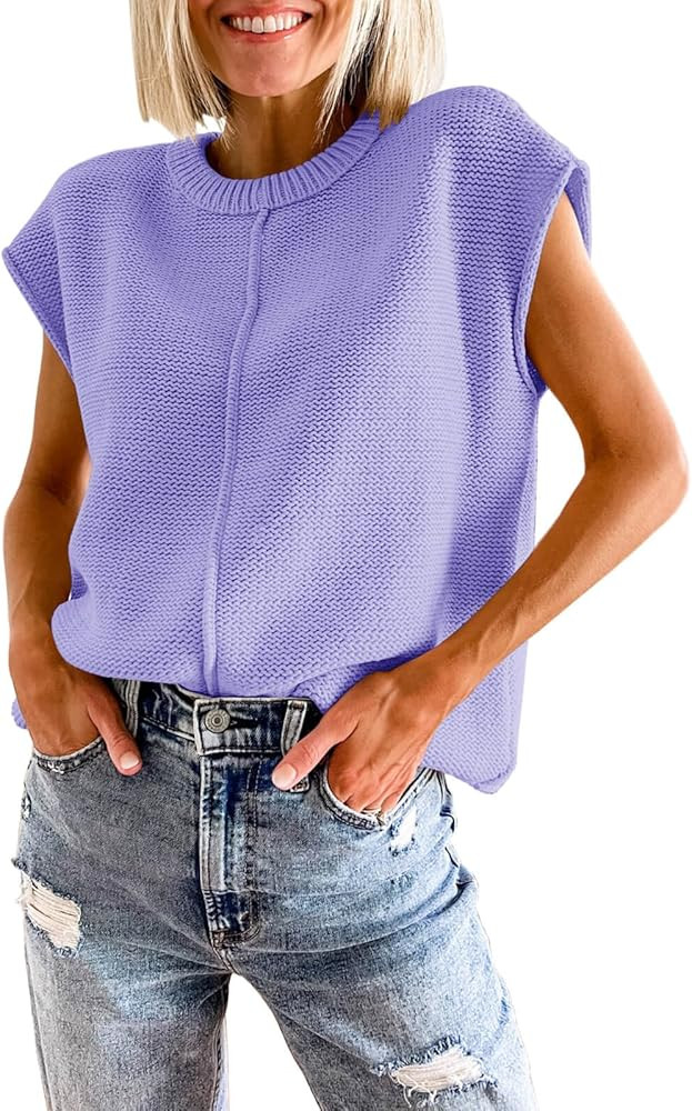 Saodimallsu Womens Summer Cap Sleeve Tops Casual Crew Neck Loose Fit Knit Lightweight Sweater Pul... | Amazon (US)