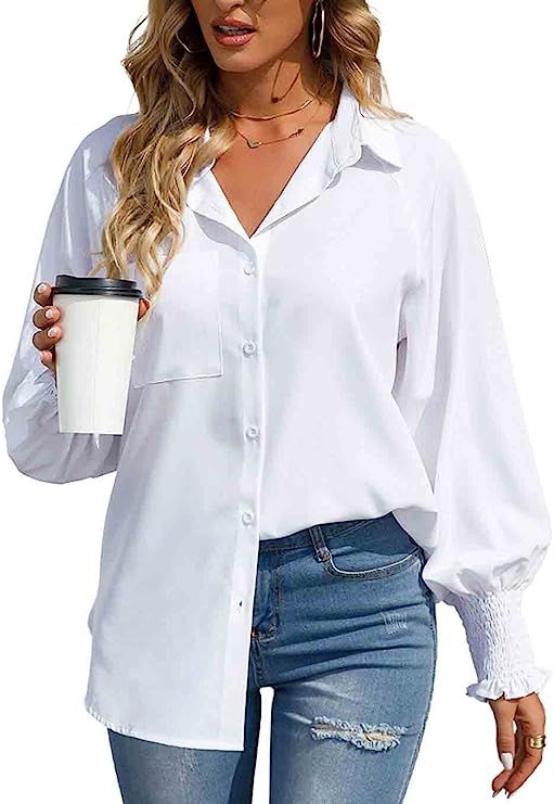 Mancreda Womens Button Down Shirts Long Billowy Sleeves Blouses Tops with Pocket | Amazon (US)