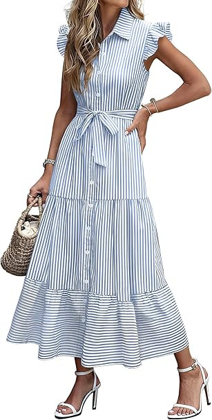 Caracilia Womens Summer Casual Ruffle Cap Sleeve Maxi Dress Button Down Striped Plaid Tie Waist V... | Amazon (US)