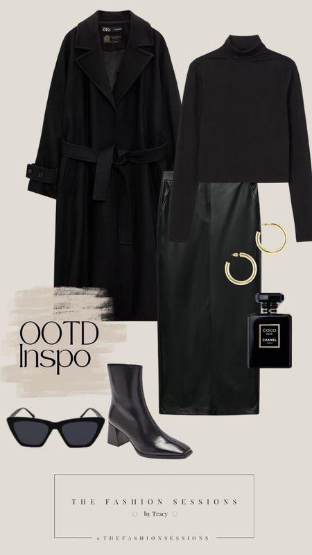 Outfit Inspiration | All Black | Faux-Leather Skirt | Black Turtleneck | Black Long Coat | Square Toe Boot
