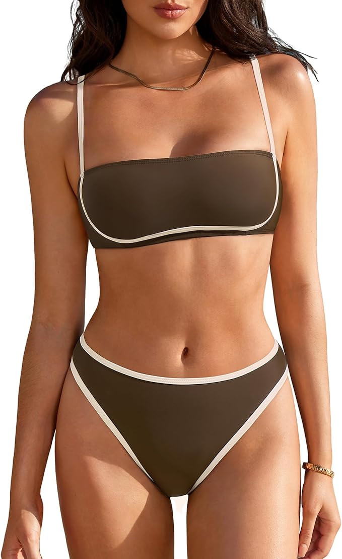 SUUKSESS Women Bandeau High Waisted Bikini Set Cheeky High Cut 2 Piece Swimsuits | Amazon (US)