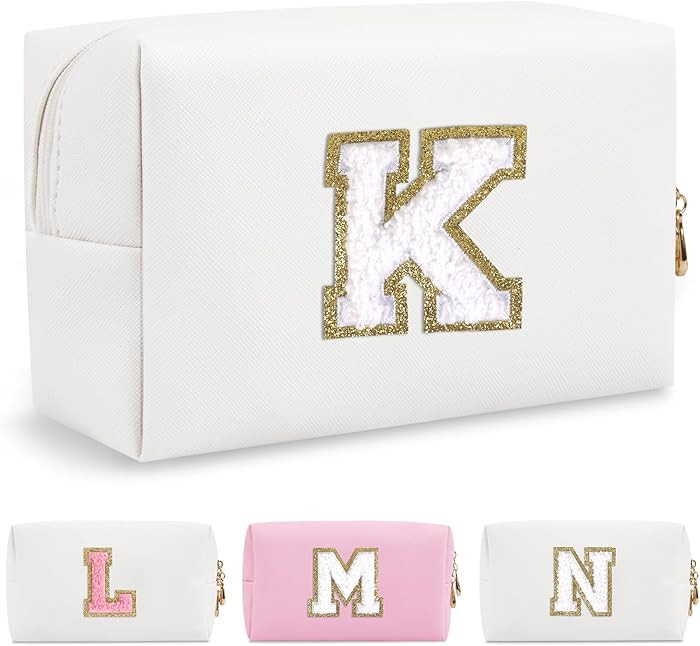 Small Personalized Initial A-Z Preppy Patch Makeup Bag,White PU Chenille Letter Travel Cosmetic P... | Amazon (US)